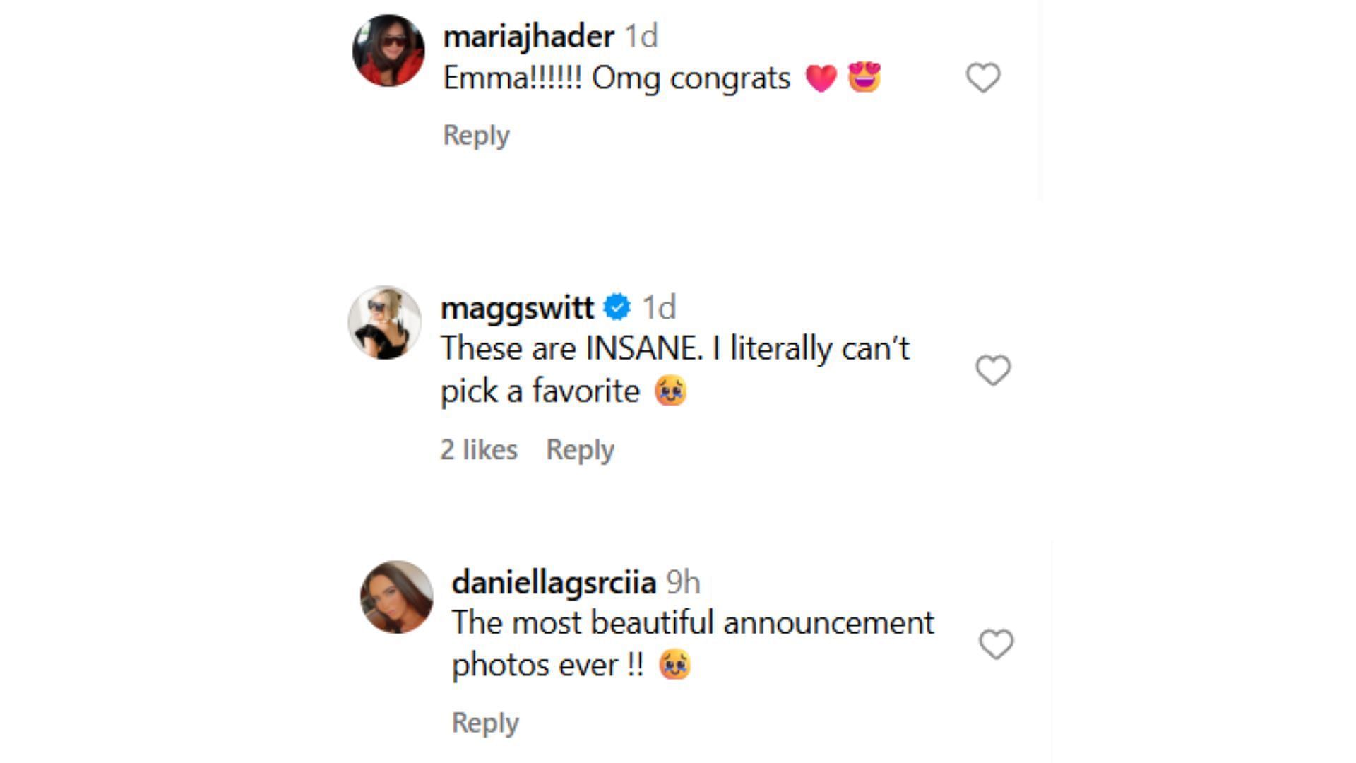 Instagram comment section on Emma Erceg's post featuring Maria Hader, Daniella India and Maggie Witt's comments.